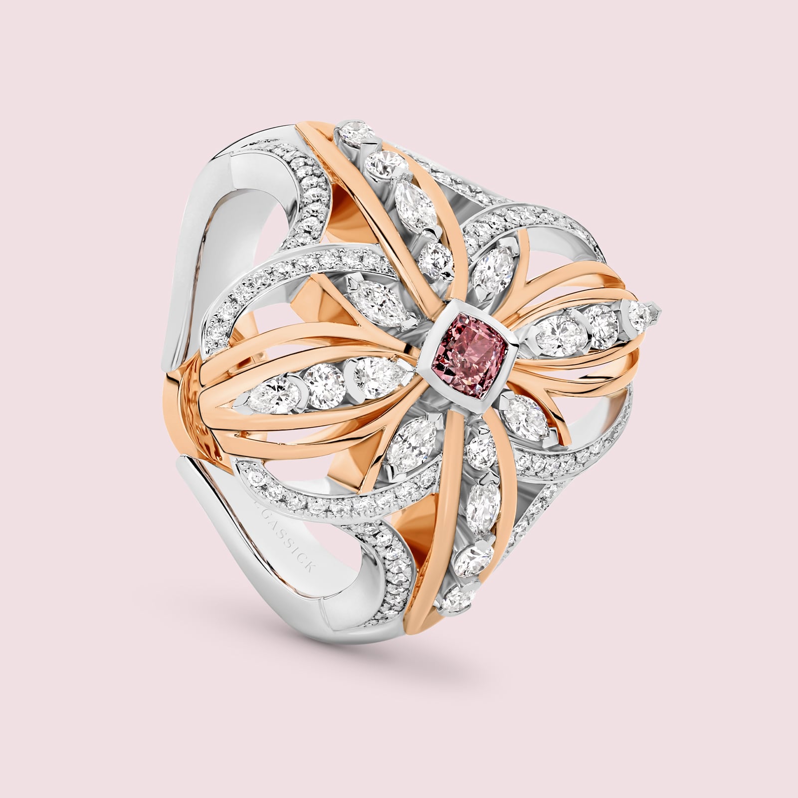 Nareece is a rare natural cushion-cut pink diamond ring set in white and rose gold. She was designed and handcrafted by LeGassick's Master Jewellers, Gold Coast, Australia.