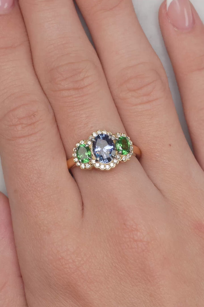Sapphire, Tsavorite And Diamond Ring Set In 18ct Gold available from LeGassick Fine Jewellery, Gold Coast, Australia.