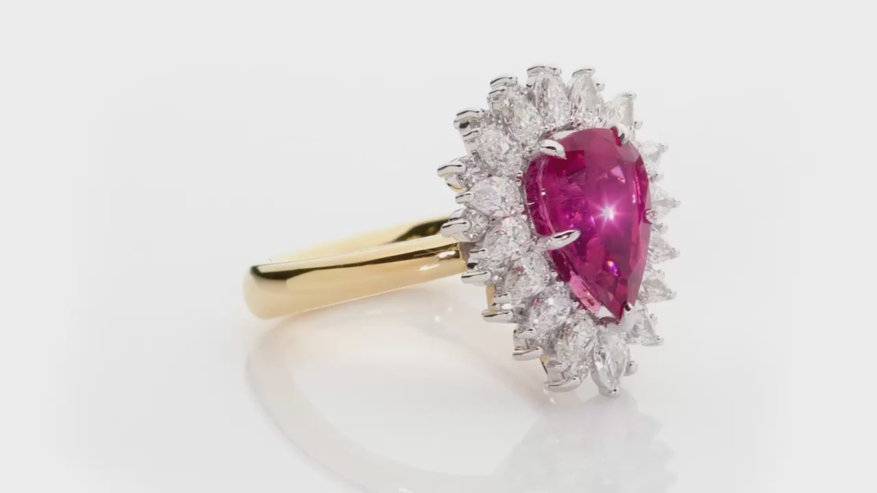 Josephine is a 3.60ct pear-cut Rubellite tourmaline ring embraced by an exquisitely handcrafted pear cut and round brilliant cut diamond halo, set in white and yellow gold. She was designed and handcrafted by LeGassick's Master Jewellers, Gold Coast, Australia.