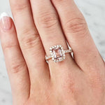 Emerald Cut Morganite & Diamond Halo Ring set in 18ct Rose Gold