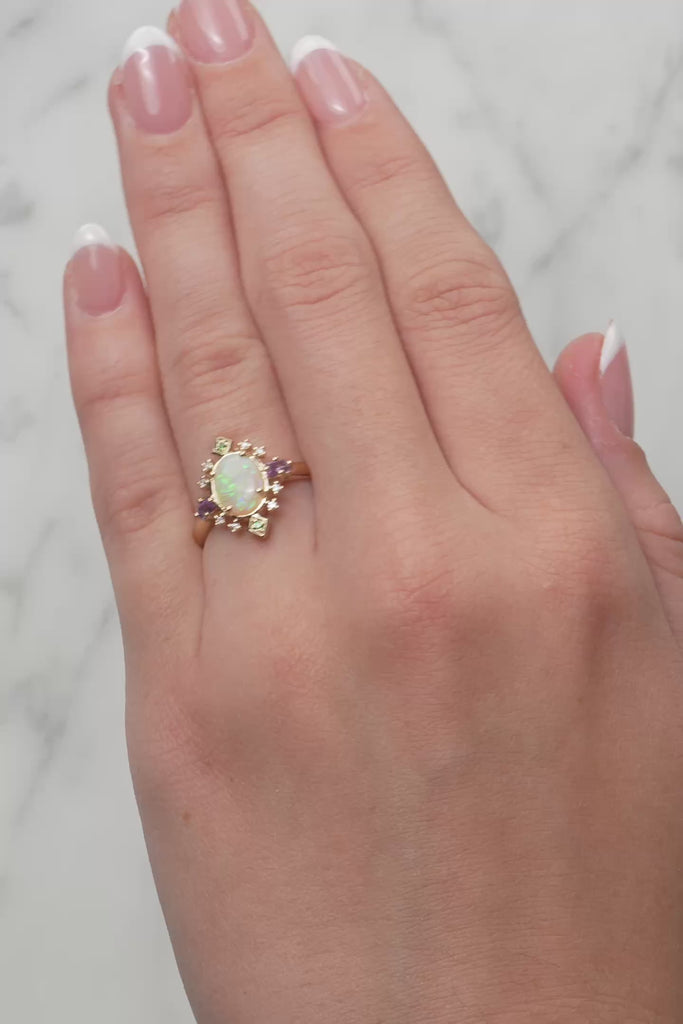 Opal, Amethyst, Tsavorite & Diamond Dress Ring in 9ct Yellow Gold from LeGassick.