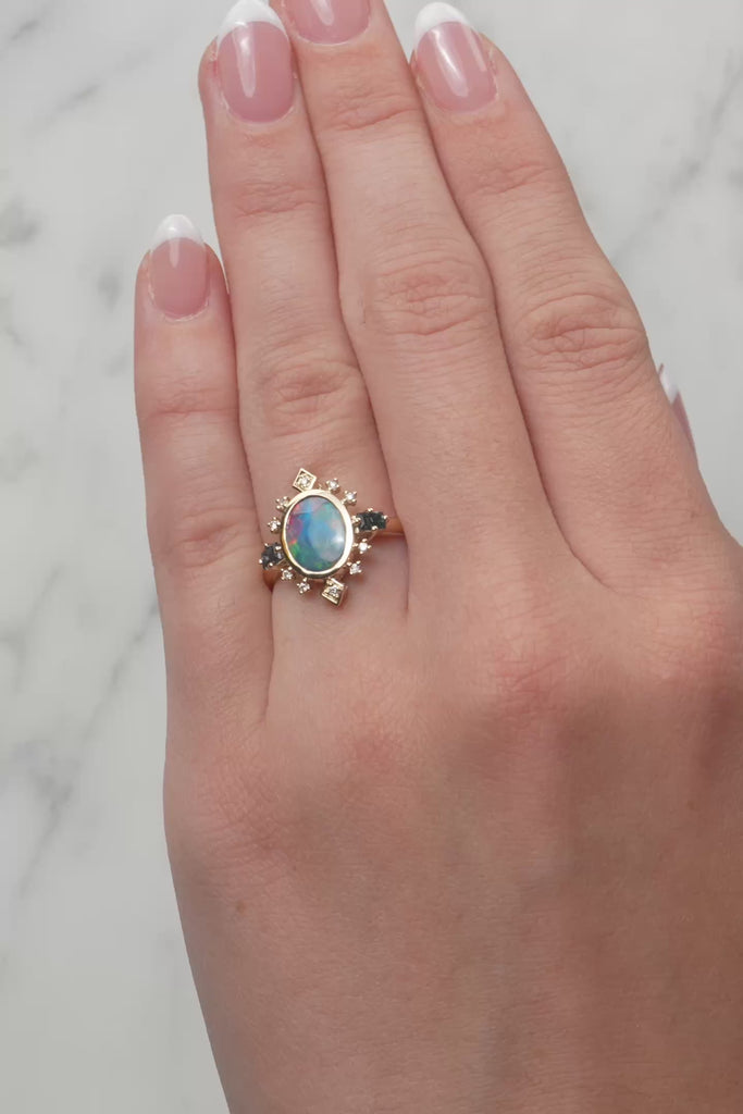 Opal, London Blue Topaz & Diamond Dress Ring in 9ct Yellow Gold from LeGassick.