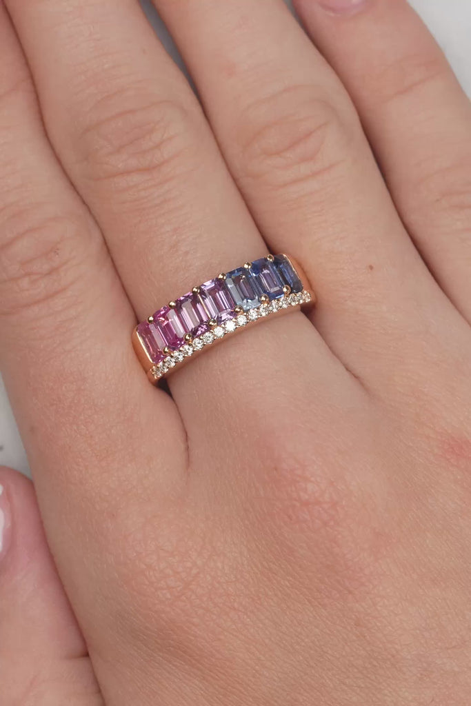 Multicolour Sapphire And Diamond Ring Set In Rose Gold available from LeGassick Fine Jewellery.