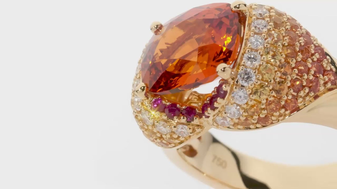 Phoenix is a ring handcrafted by LeGassick Fine Jewellery. Phoenix has a 5.04ct Mandarin Spessartite Garnet centre stone surrounded by diamonds, sapphires, and rubies. All set in white and yellow gold.