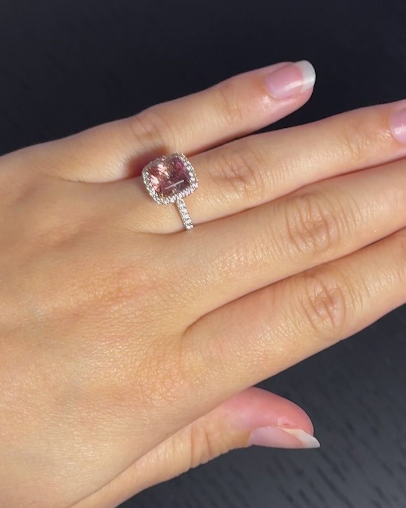 Padparadscha Tourmaline Halo Diamond Ring Set In 18ct White & Rose Gold available from LeGassick Jewellery, Gold Coast, Australia. Showrooms at Pacific Fair and Runaway Bay Centre.