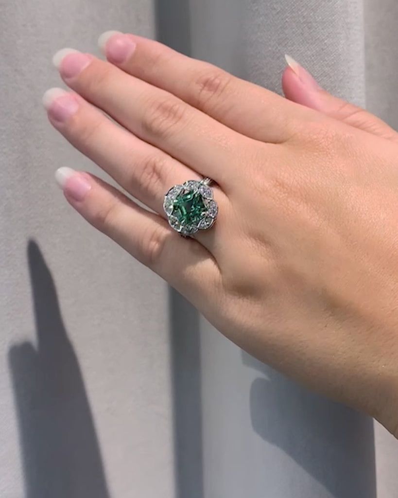 Exquisite 18ct White Gold Mint Tourmaline & Diamond Ring from LeGassick Fine Jewellery.