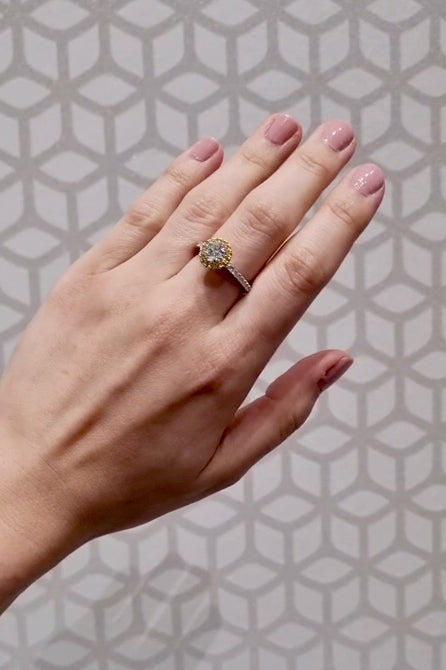 Lucy is a stunning 1 carat white diamond ring with a yellow diamond halo. Part of the Beyond Luxury Collection from LeGassick.