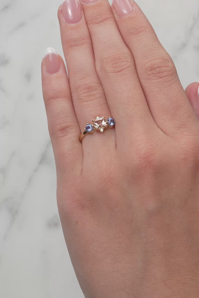 Morganite, Blue Sapphire & Diamond Dress Ring in 9ct Yellow Gold from LeGassick.