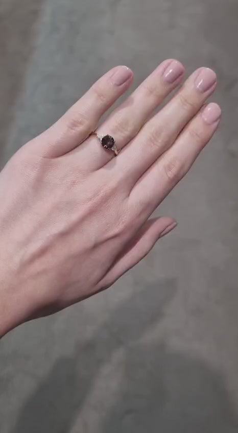 1.30ct Round Colour Changing Garnet and Diamond Ring set in 18ct Yellow Gold available at LeGassick Diamonds and Jewellery Gold Coast, Australia.