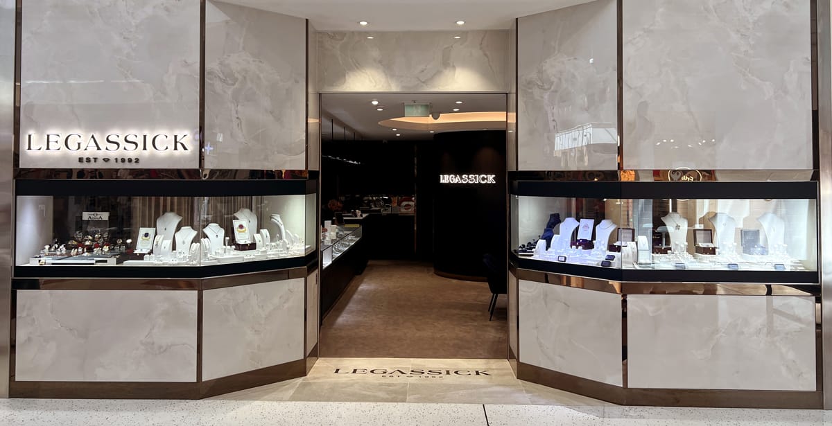 Legassick Runaway Bay jewellery store interior with display cases and products.