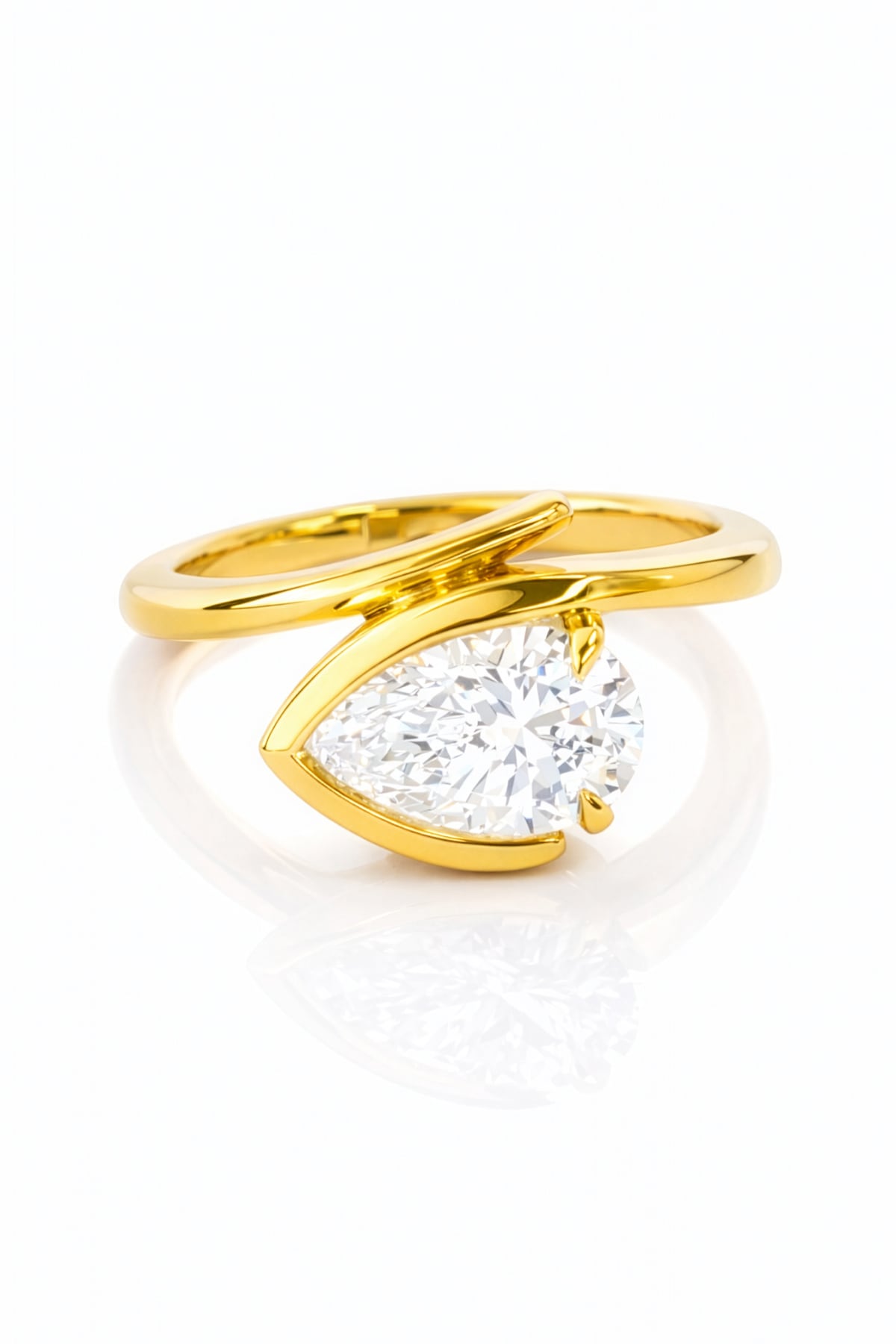 Gold ring with a large lab diamond on a white background