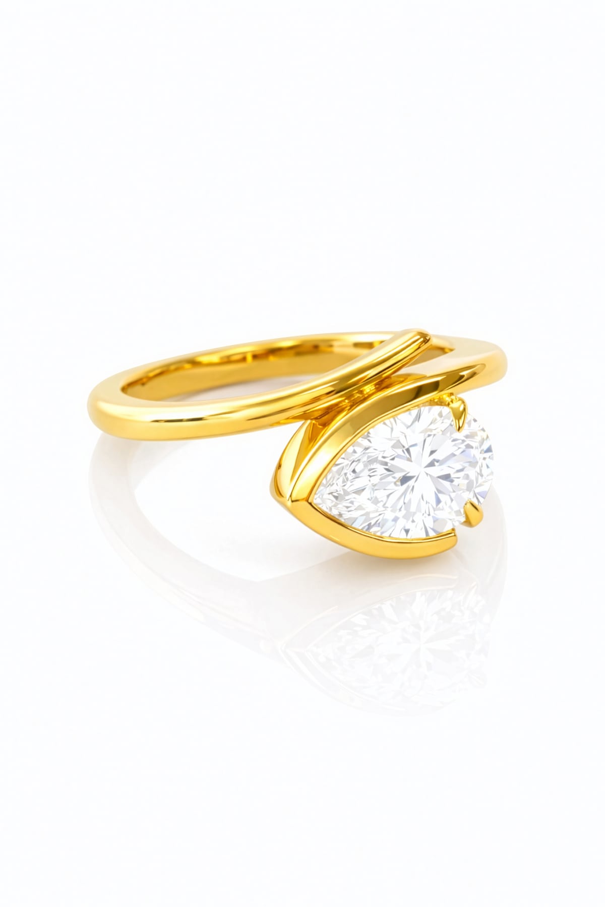 Gold ring with a large lab diamond on a white background