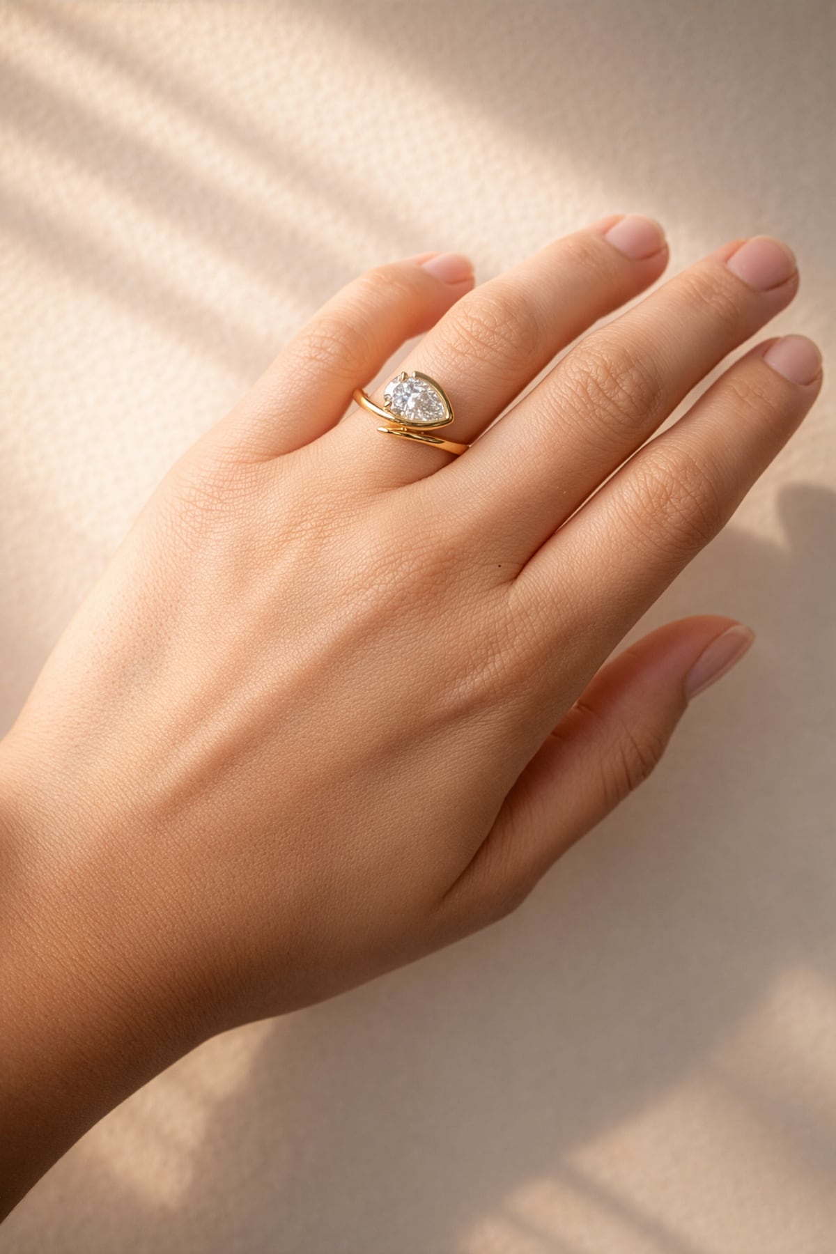Gold ring with a large lab diamond on a lady's hand