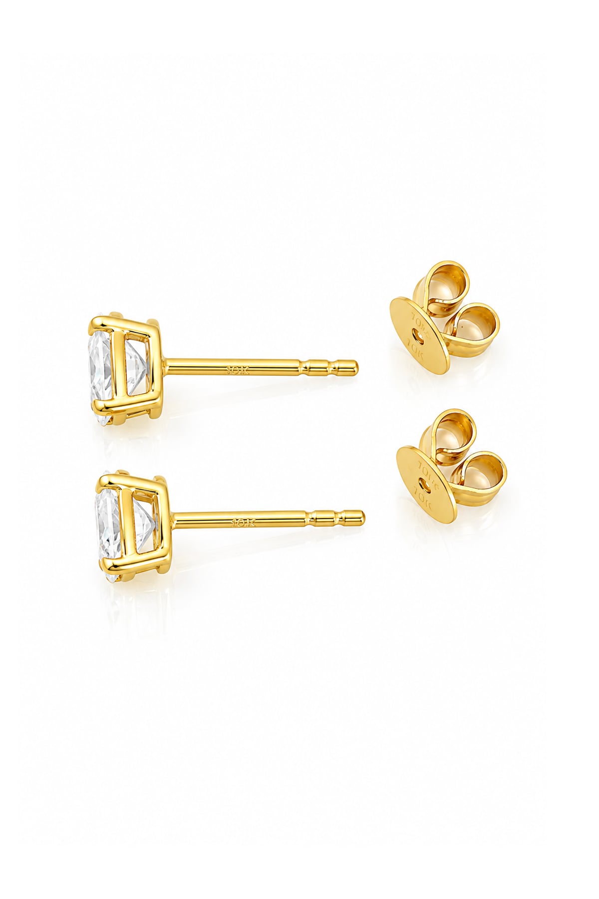 A pair of yellow gold stud earrings with oval clear diamonds and butterfly backings, displayed on a clean white background.