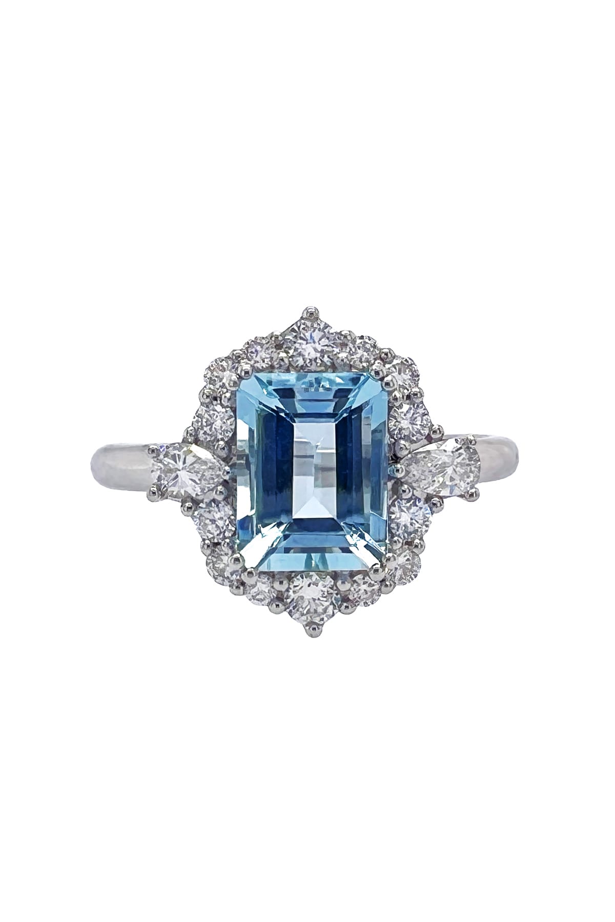 18 Carat Gold 2.72 Carat Emerald Cut Aquamarine and Diamond Halo Ring available at LeGassick Diamonds and Jewellery Gold Coast, Australia.