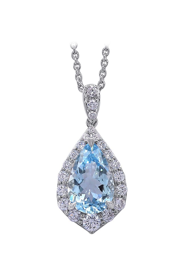 18 Carat Gold Aquamarine and Diamond Halo Pendant available at LeGassick Diamonds and Jewellery Gold Coast, Australia.