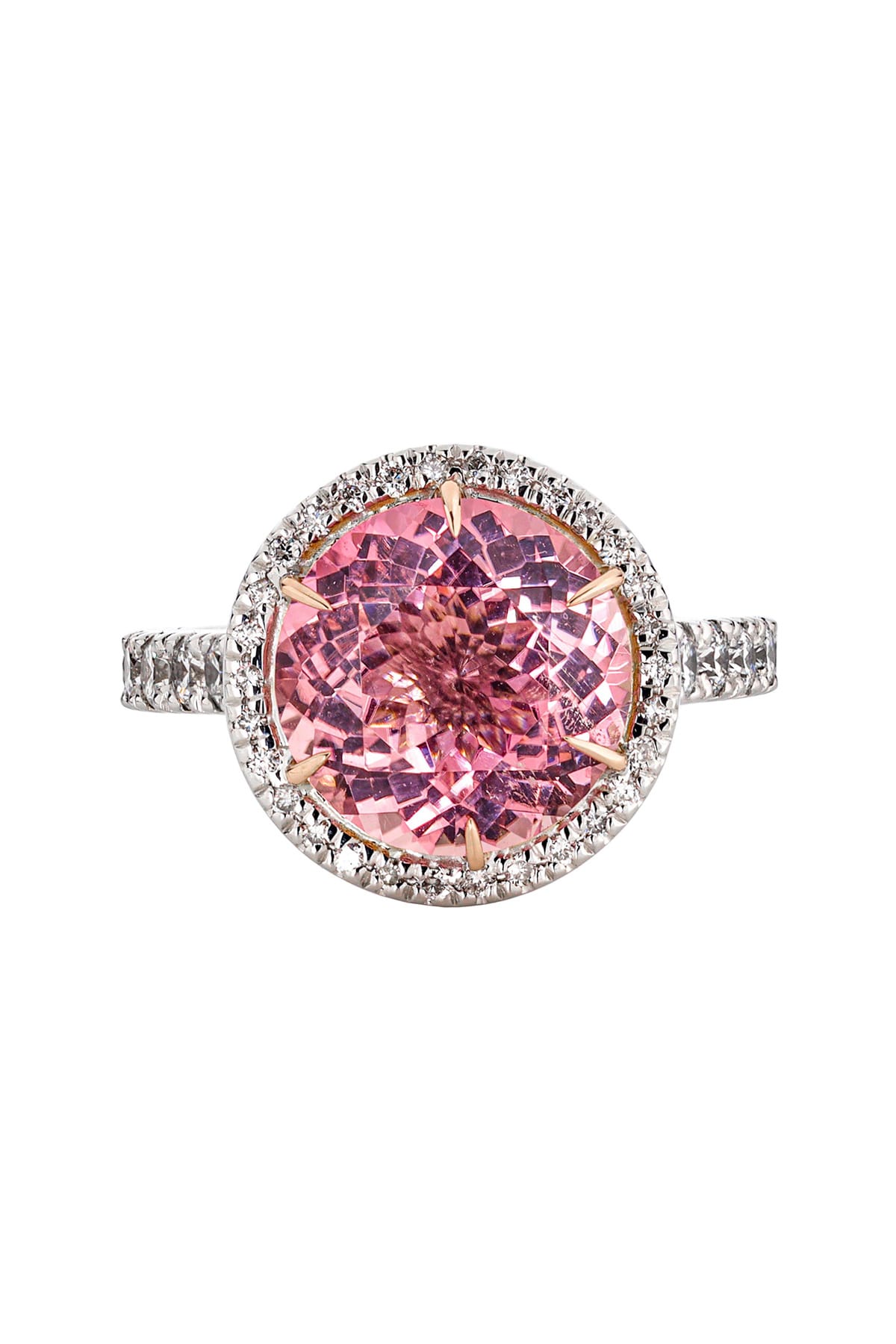 18 Carat Gold Pink Tourmaline And Diamond Halo Ring available at LeGassick Diamonds and Jewellery Gold Coast, Australia.