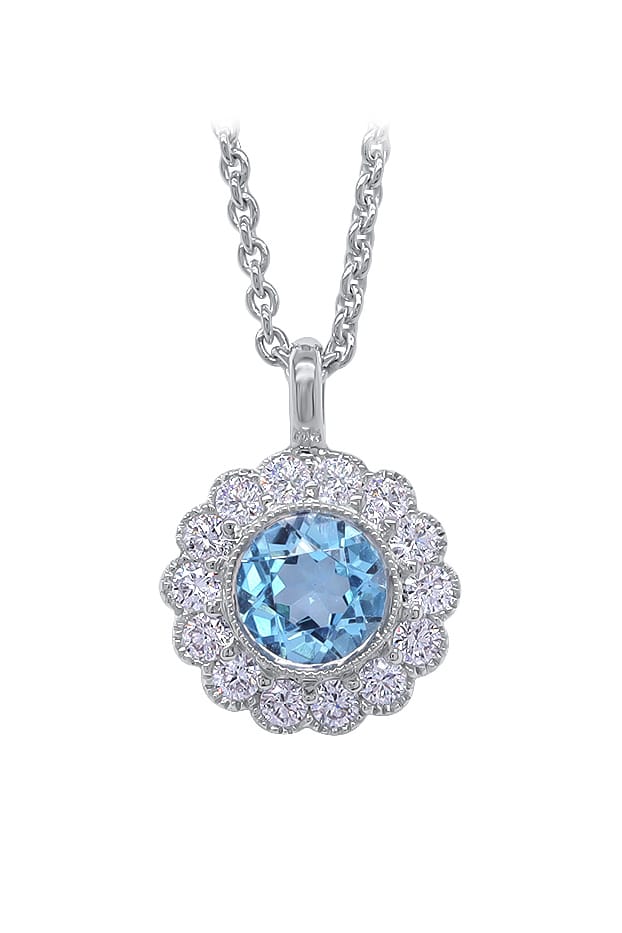 18 Carat Gold Round Swiss Blue Topaz And Diamond Halo Pendant available at LeGassick Diamonds and Jewellery Gold Coast, Australia.
