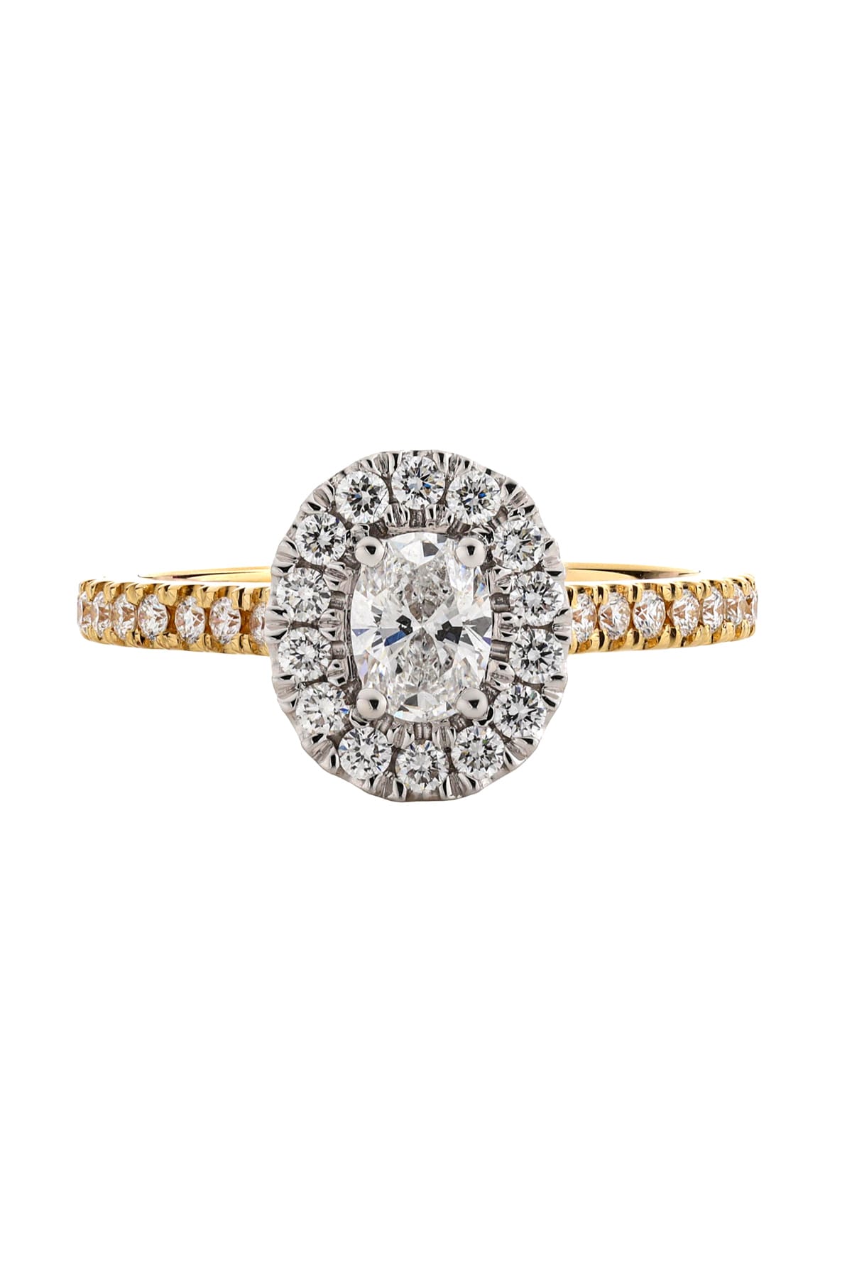18 Carat Gold With 0.50 Carat Oval Diamond Halo Engagement Ring available at LeGassick Diamonds and Jewellery Gold Coast, Australia.
