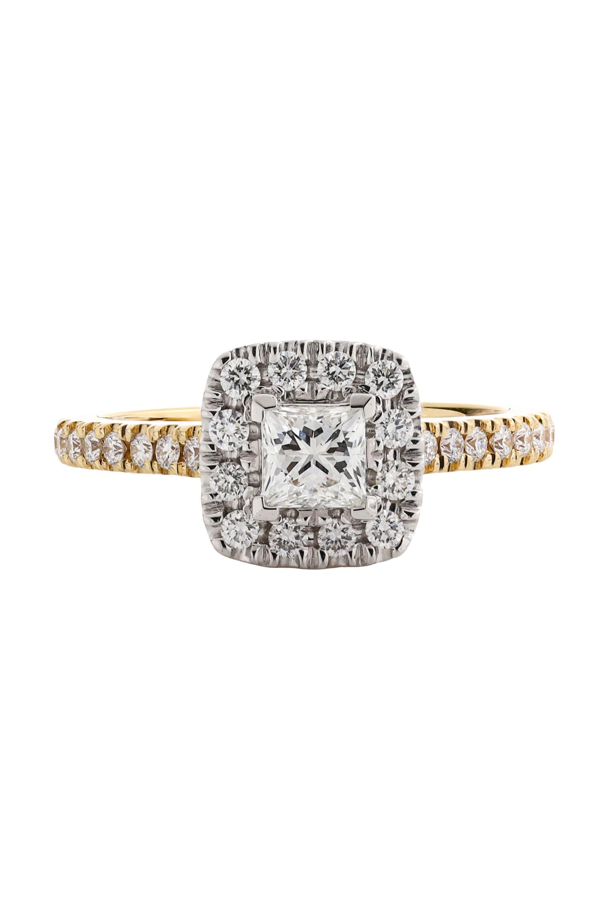 18 carat Gold Princess Diamond Halo Engagement Ring available at LeGassick Diamonds and Jewellery Gold Coast, Australia