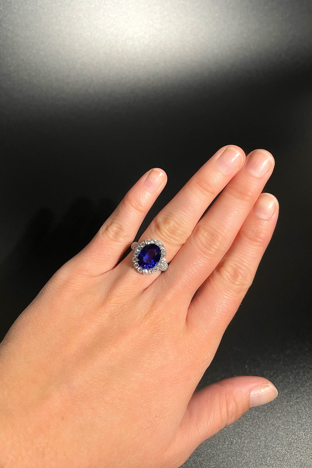 18ct white gold 6.05CT OVAL TANZANITE AND DIAMOND RING available at LeGassick Diamonds and Jewellery Gold Coast, Australia.