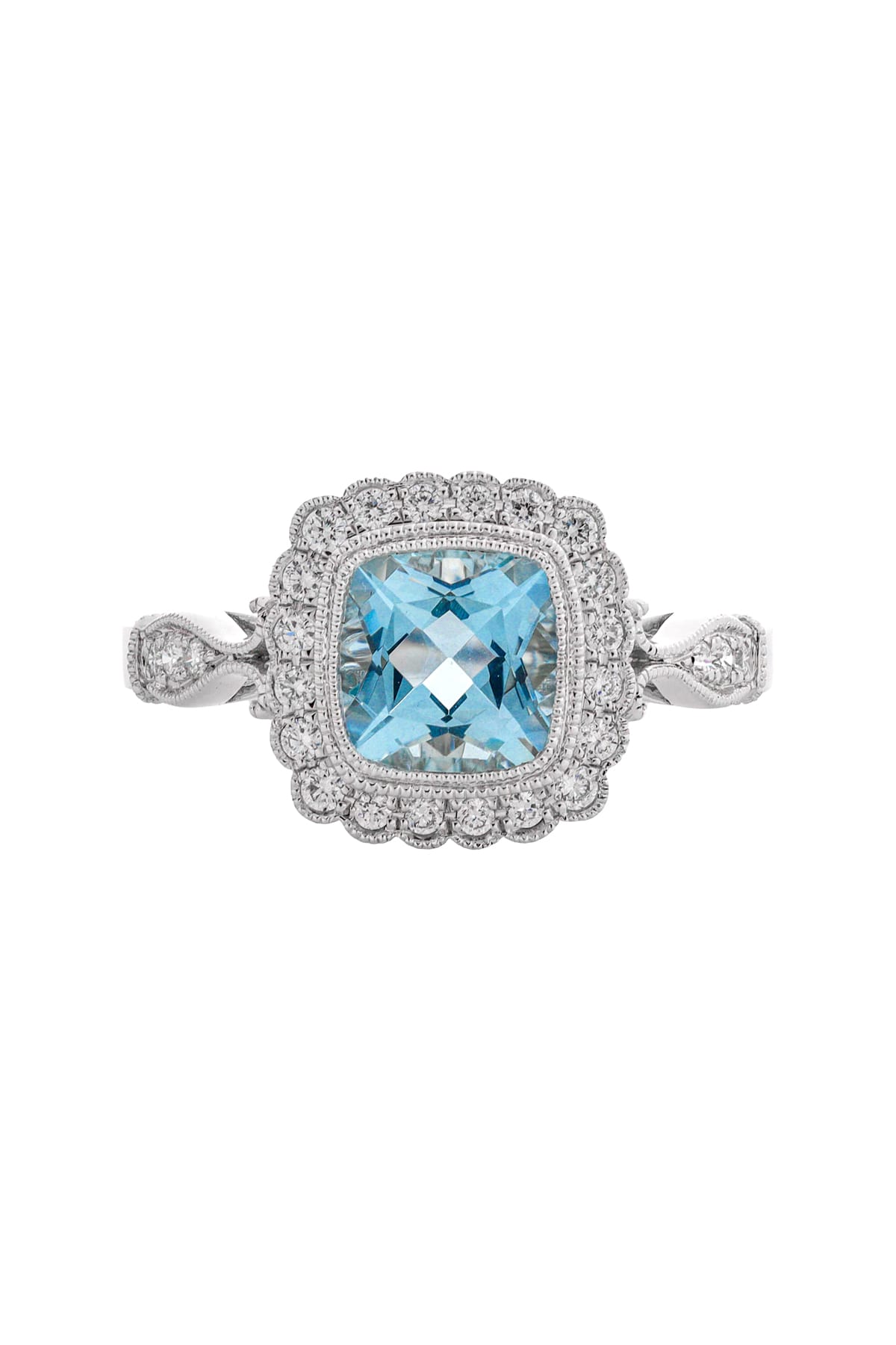 9 Carat Gold Antique Inspired Cushion Aquamarine And Diamond Halo Ring available at LeGassick Diamonds and Jewellery Gold Coast, Australia.