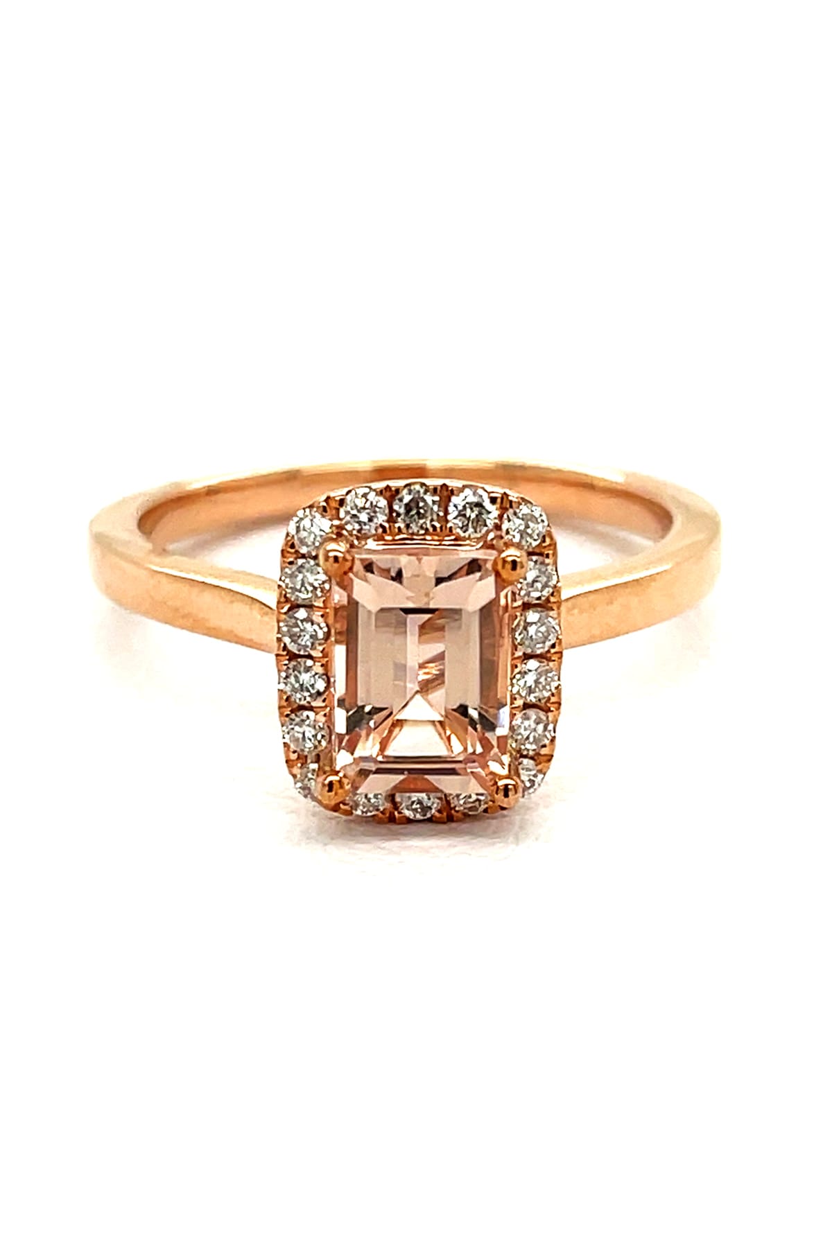 Emerald Cut Morganite And Diamond Halo Ring available at LeGassick Diamonds and Jewellery Gold Coast, Australia.