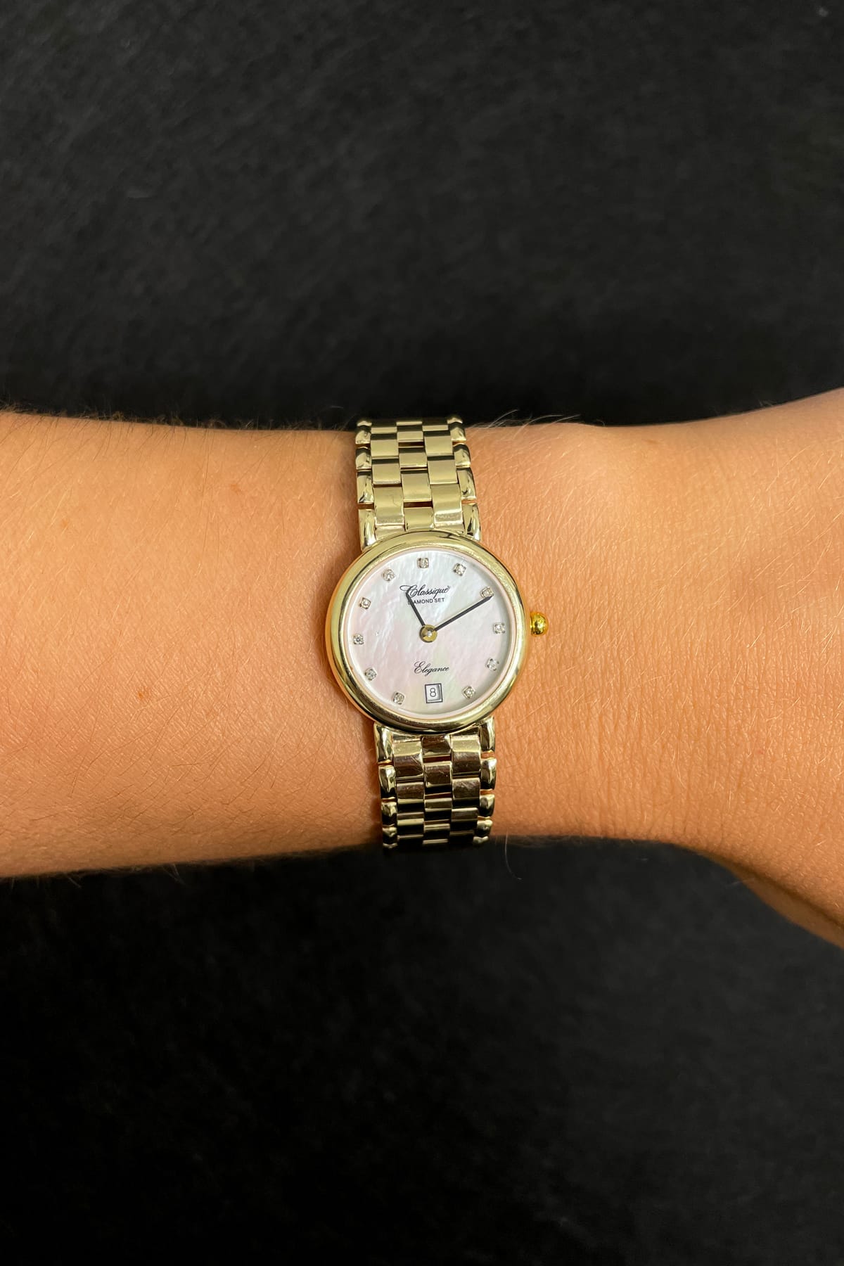 Amelie Mother of Pearl Diamond Set 9ct Solid Yellow Gold Classique Swiss Watch available at LeGassick Diamonds and Jewellery Gold Coast, Australia.