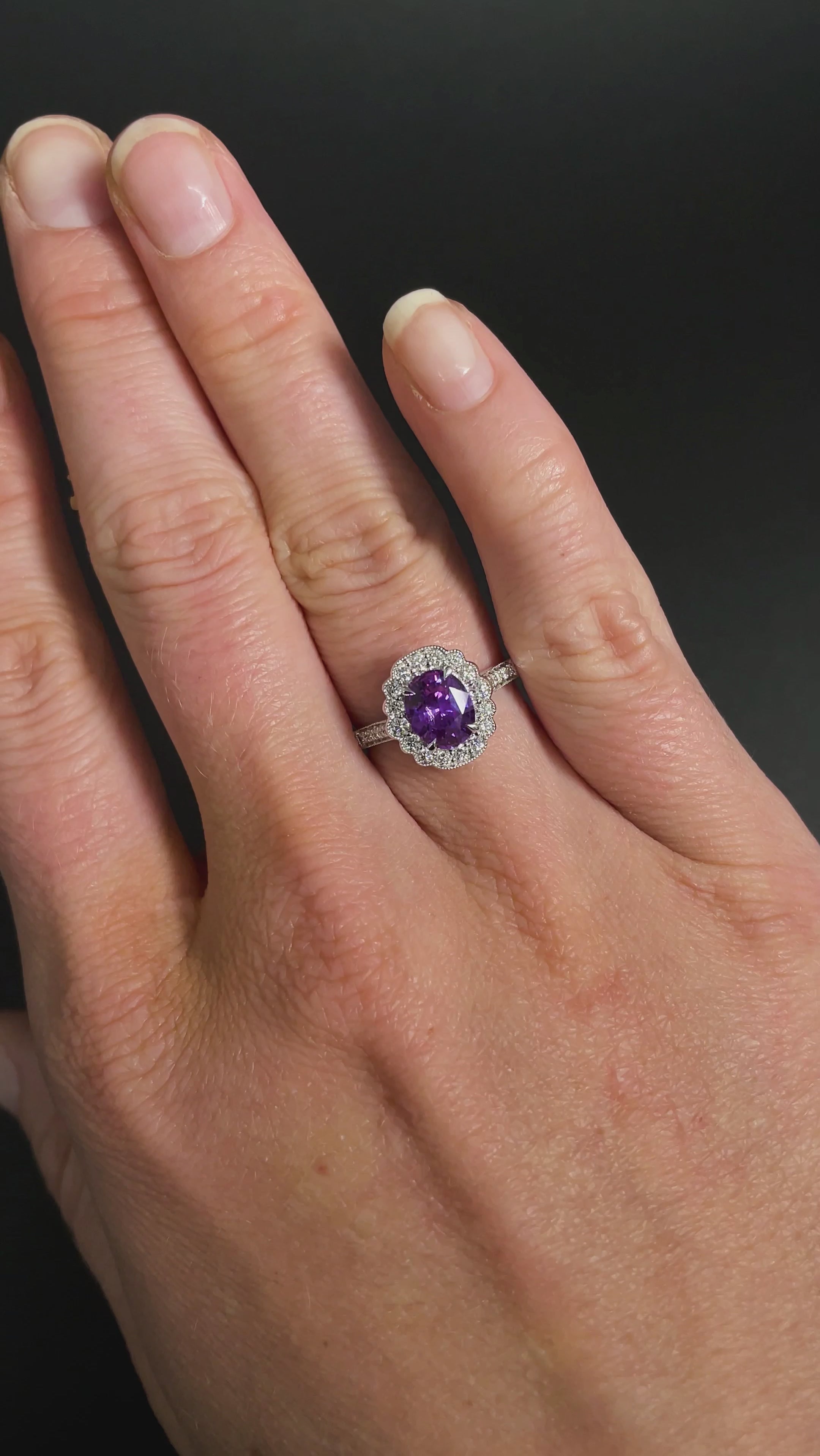 18 Carat White Gold With 1.56 Carat Purple Sapphire Diamond Halo Ring available at LeGassick Diamonds and Jewellery Gold Coast, Australia.